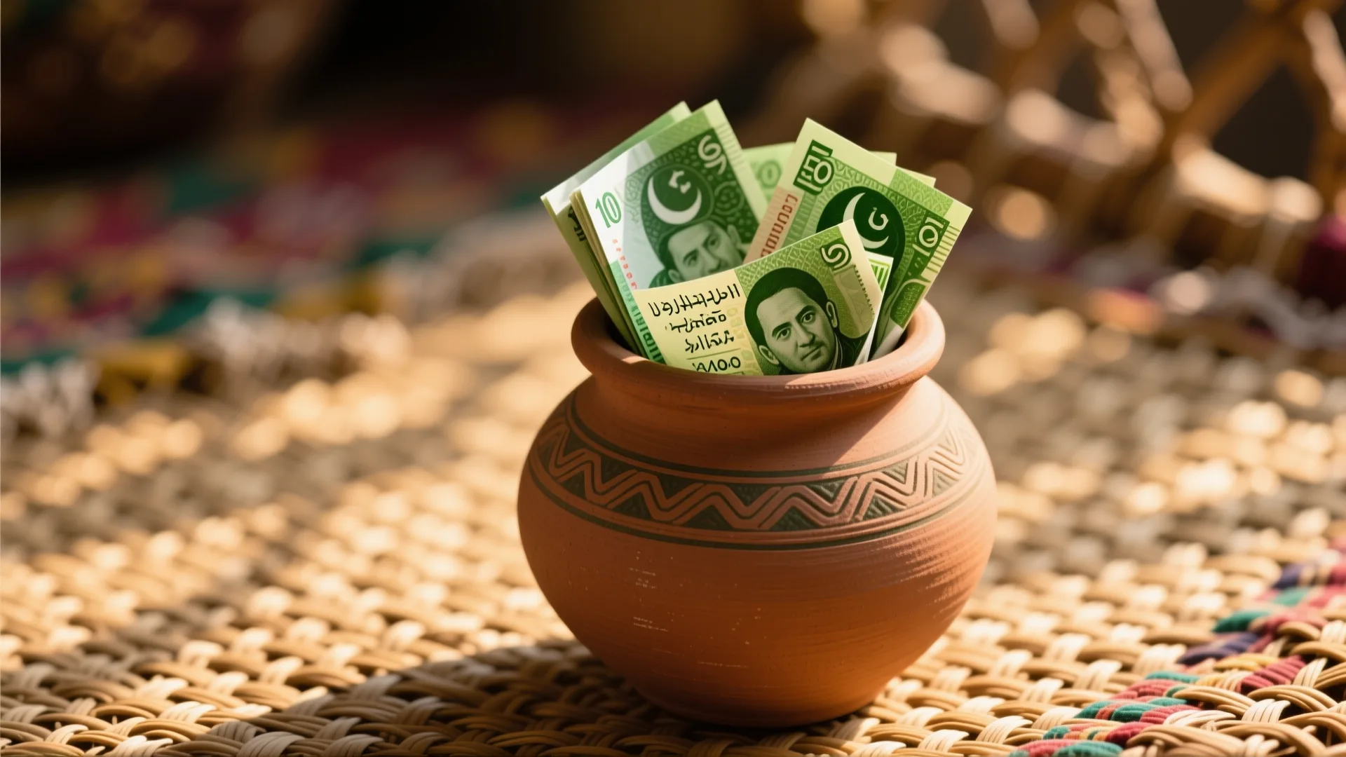 Traditional clay matka jar with Pakistani rupee notes folded inside, resting on a charpoy weave
