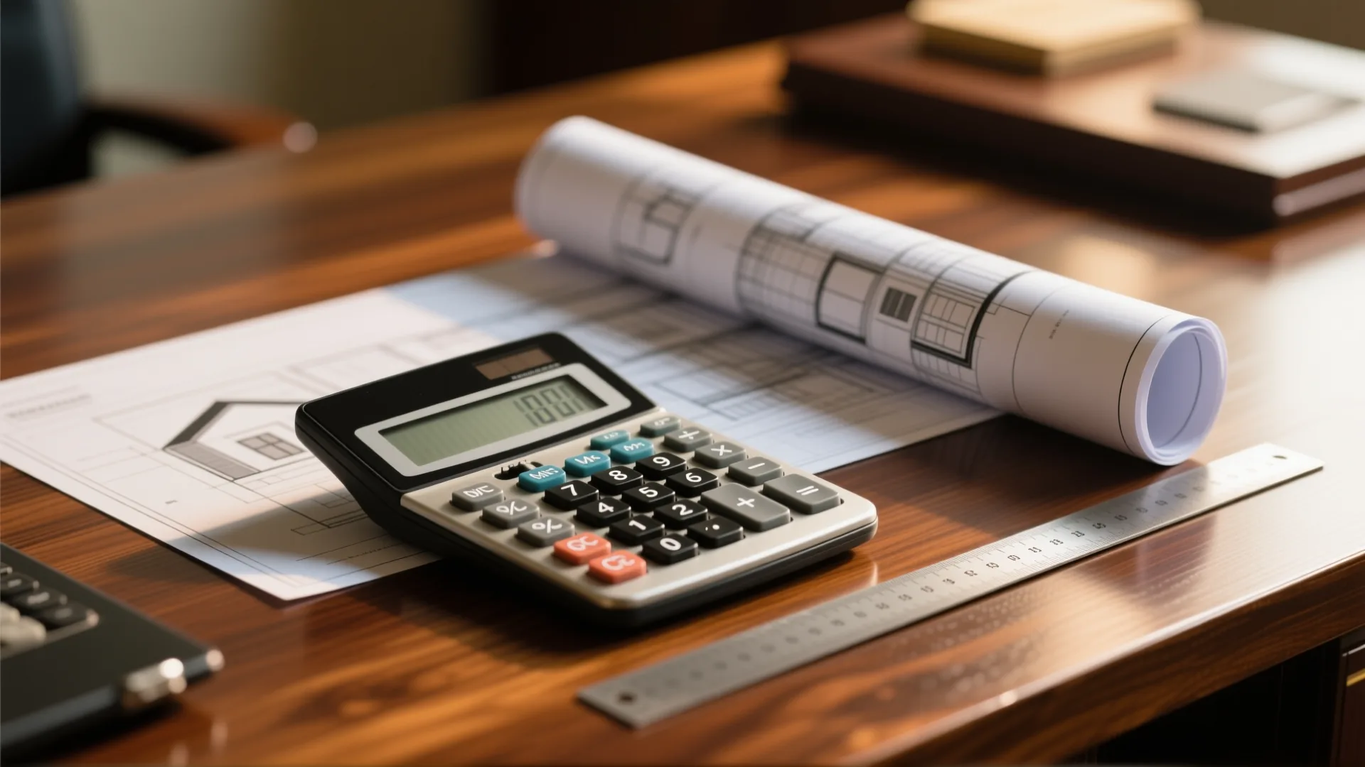 Calculator and rolled property blueprints on a wooden desk