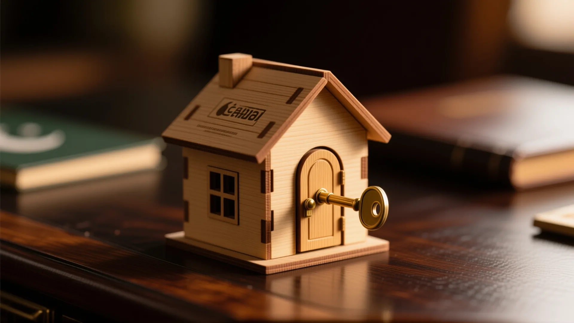 Small wooden house model with a brass key threaded through its door