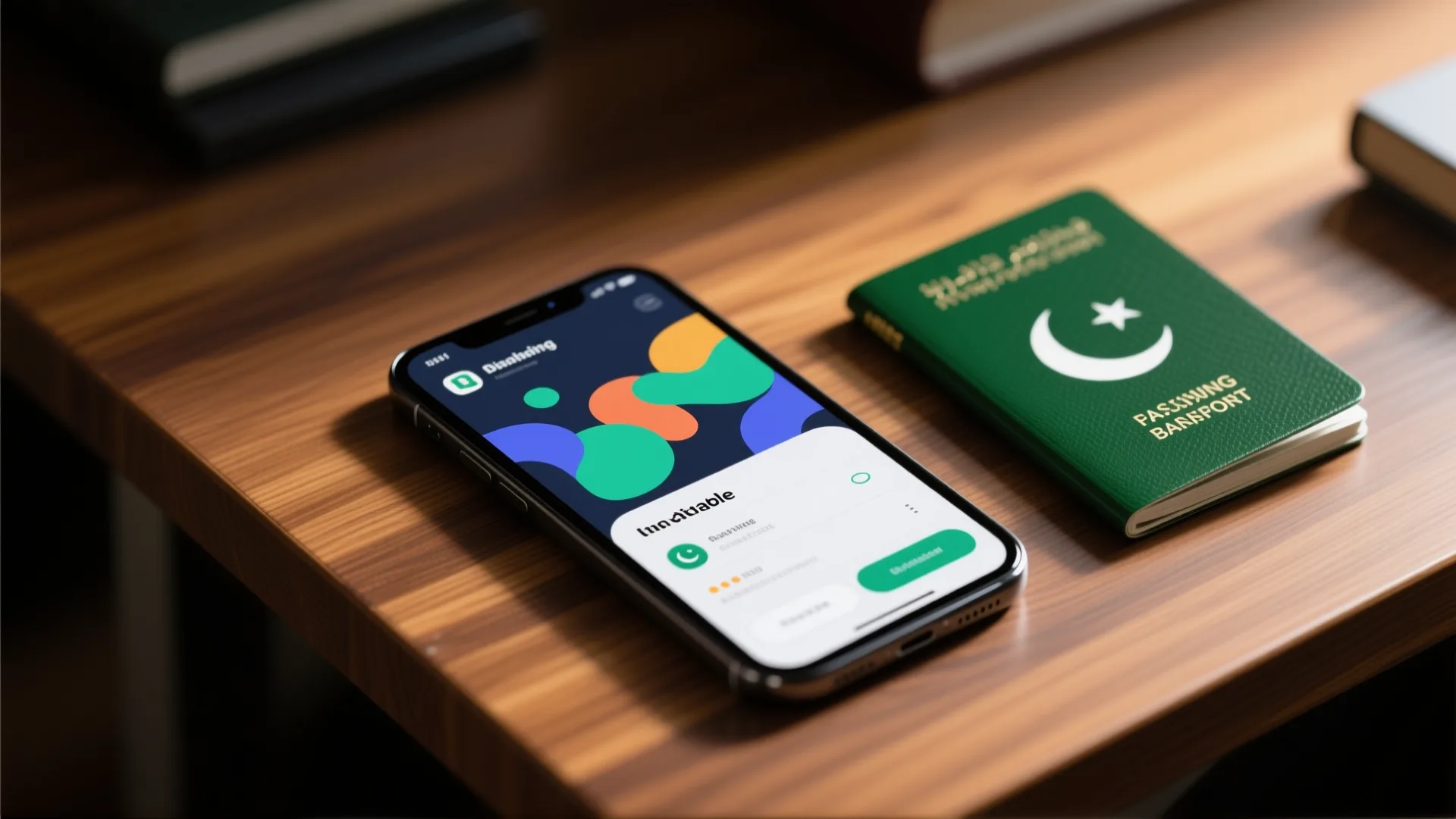 Modern smartphone displaying a banking interface beside a Pakistani green passport on a wooden desk