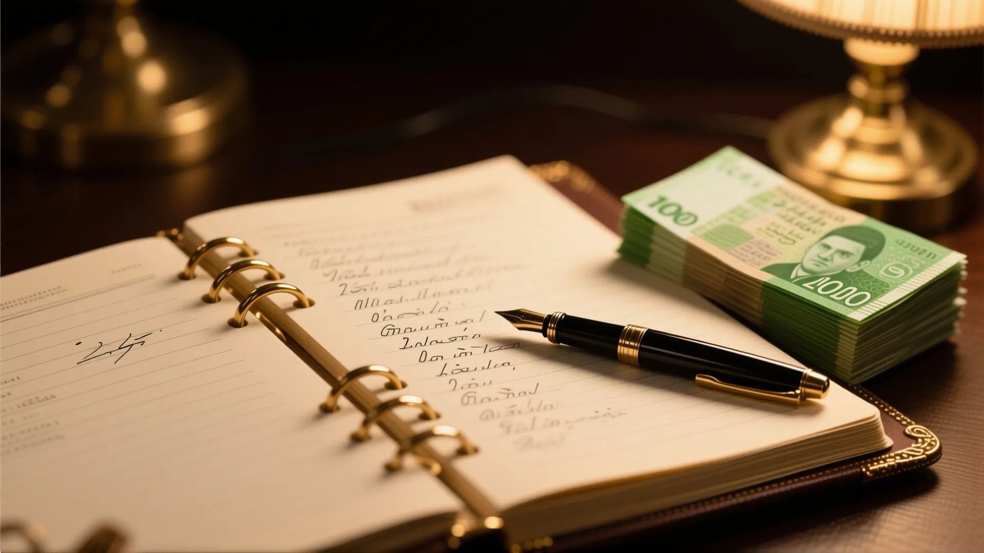 Brass-trimmed ledger book open beside a fountain pen and a small stack of Pakistani rupee notes