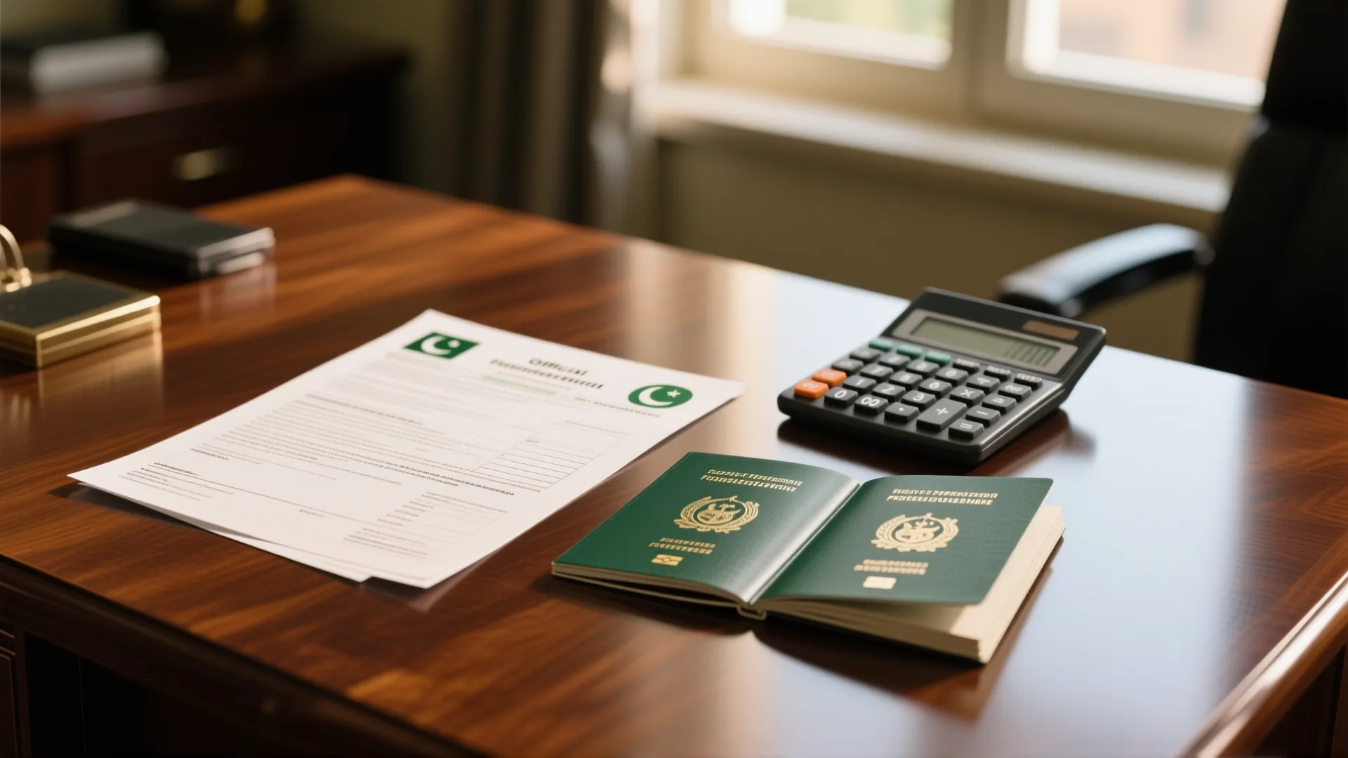 Open passport beside a printed tax document and a calculator on a wooden desk